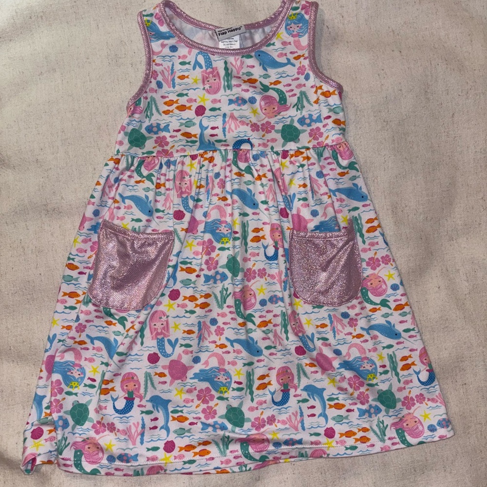 Flap Happy Mermaid Print Dress with Pink Accents